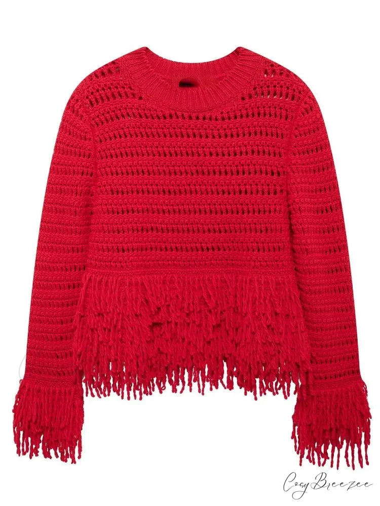 Elegant Hollow Out Sexy Long Sleeve O-Neck Red Christmas Sweater Red / S