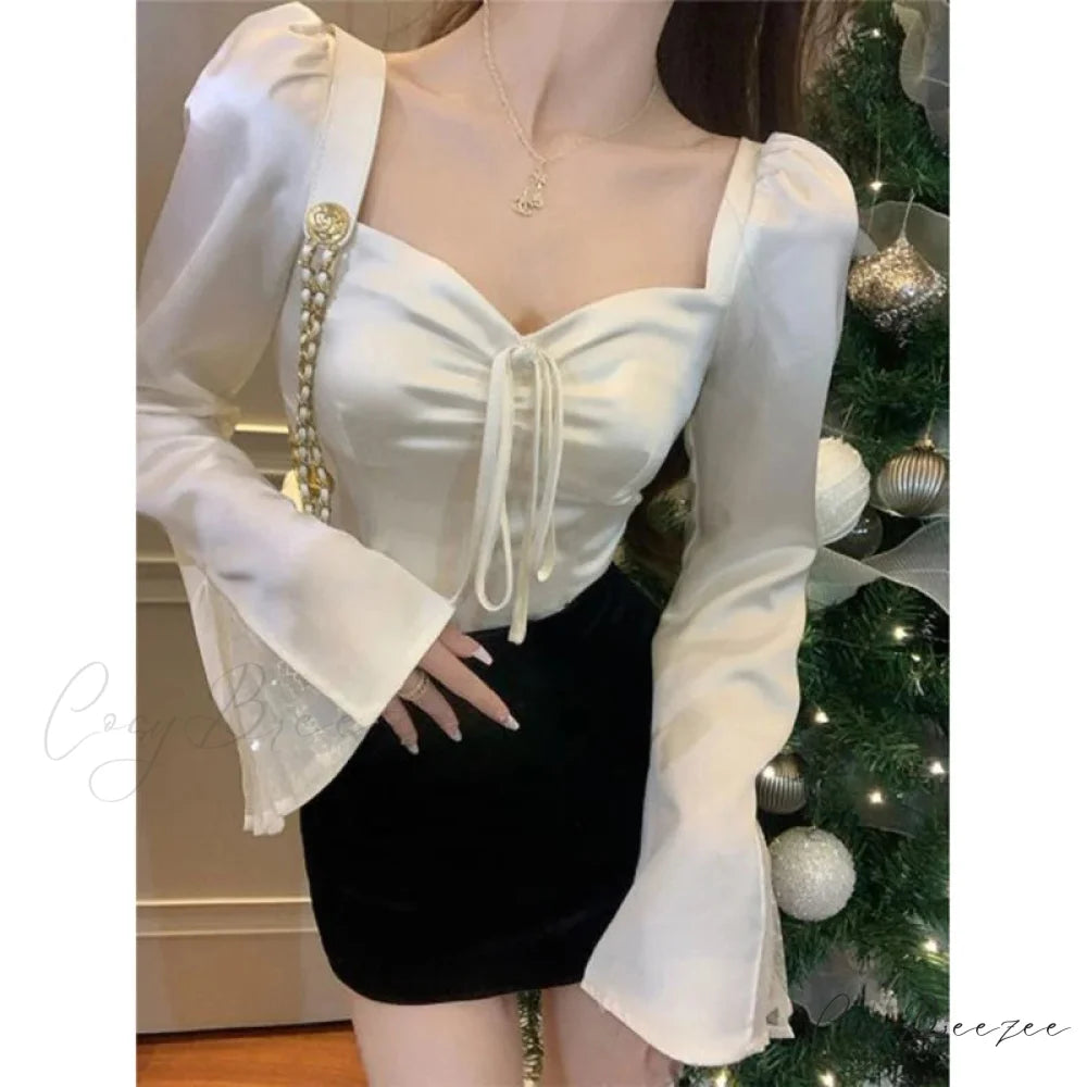 Elegant Lace Patchwork Flare Sleeve Sexy Slim Crop Top blouse-250126