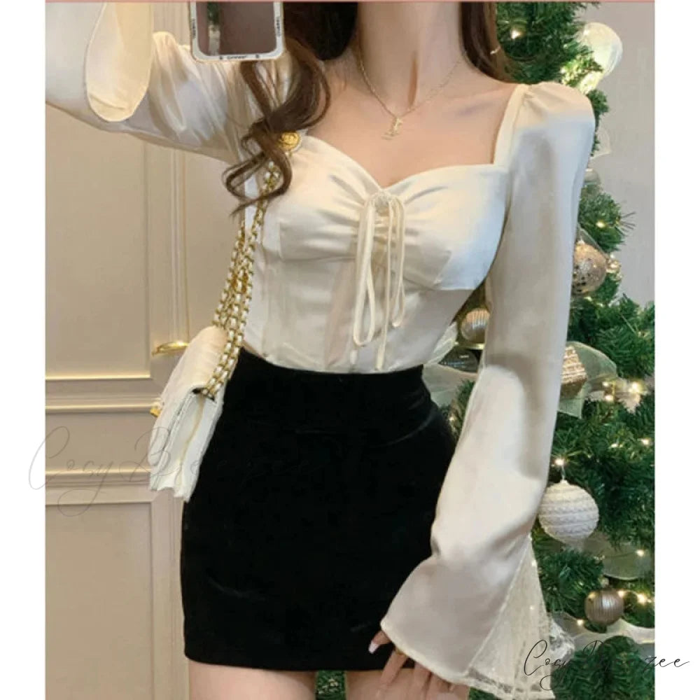 Elegant Lace Patchwork Flare Sleeve Sexy Slim Crop Top blouse-250126