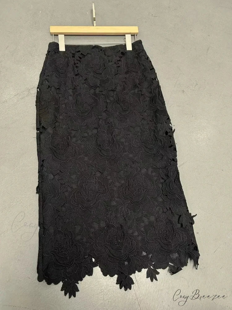Elegant Lace Pencil Skirt for Women Work Cocktail Party Black / M skirt-250126