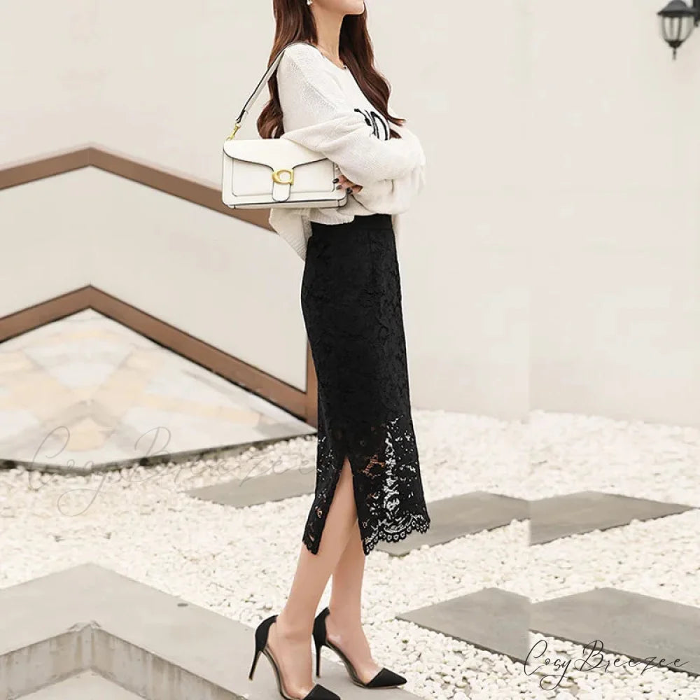 Elegant Lace Skirt with Double Slits Slimming Plus Size Skirt Black / M skirt-250126