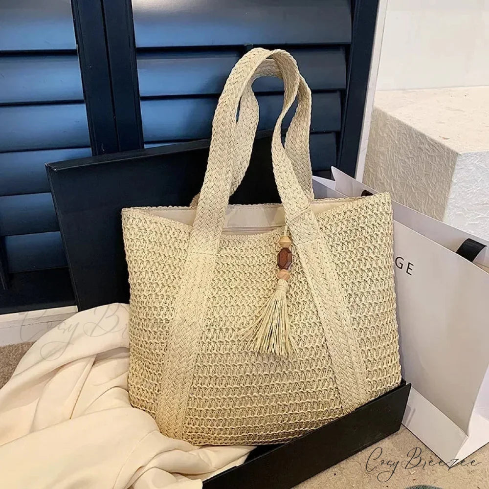 Elegant Ladies Straw Woven Shoulder Bag Creamy-white shoulder-250126