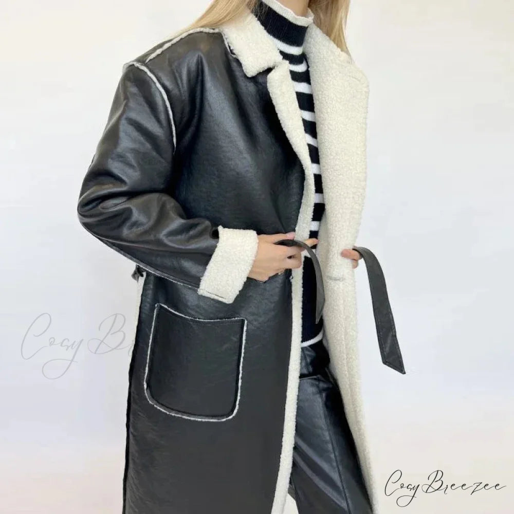 Elegant Lamb Wool PU Leather Belted Coat Black / S overcoats-241228