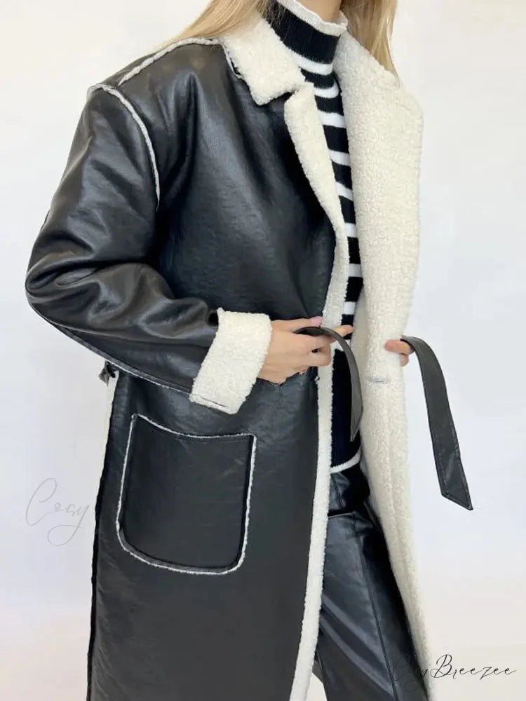 Elegant Lamb Wool PU Leather Belted Coat overcoats-241228