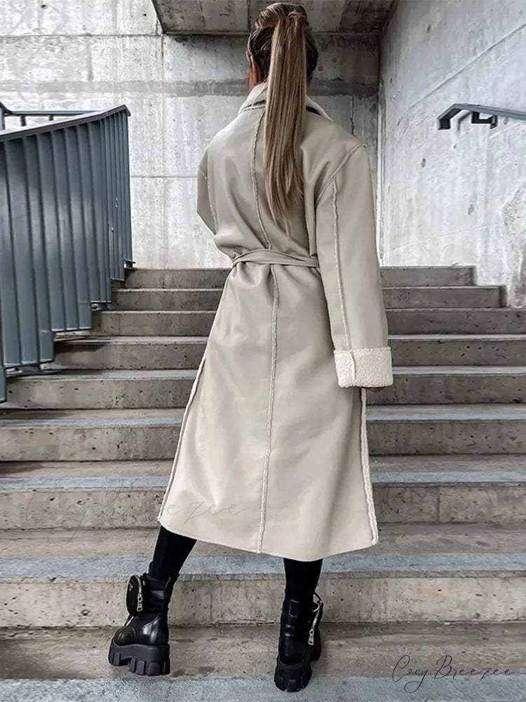 Elegant Lamb Wool PU Leather Belted Coat overcoats-241228
