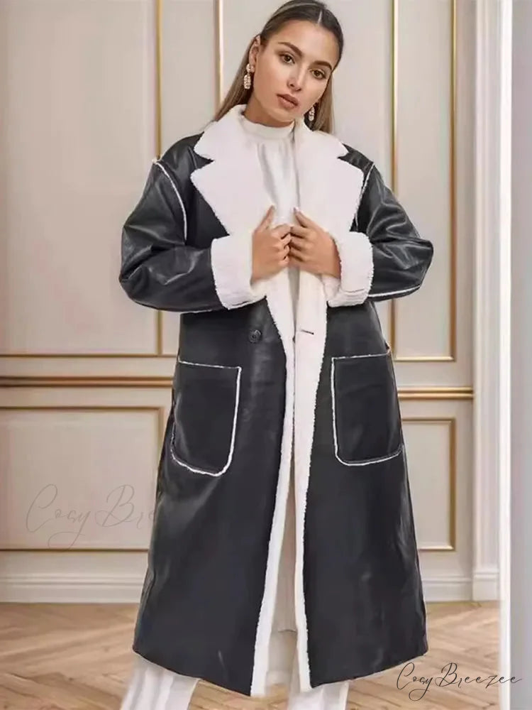 Elegant Lamb Wool PU Leather Belted Coat overcoats-241228