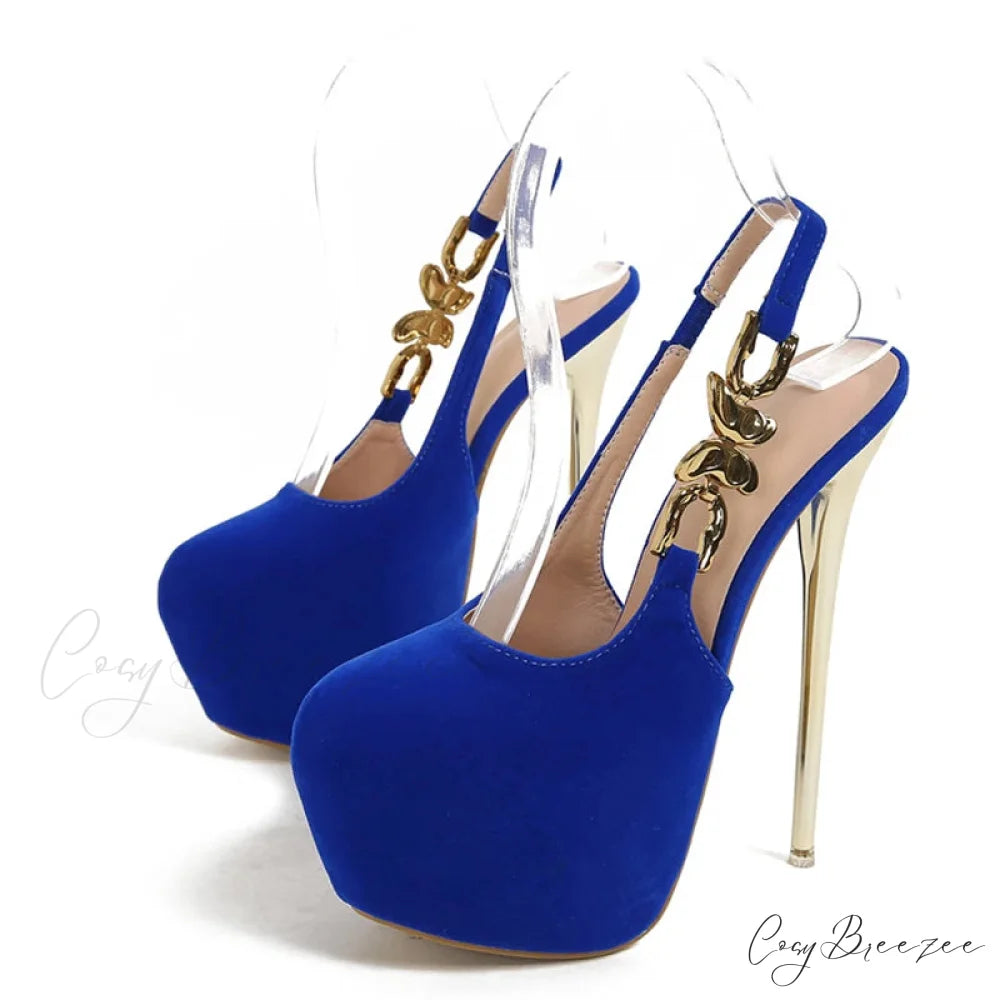 Elegant Metal Butterfly-Chain Back-Strap Extreme High Platform Prom Wedding Sexy Pumps High Heel Blue / 35