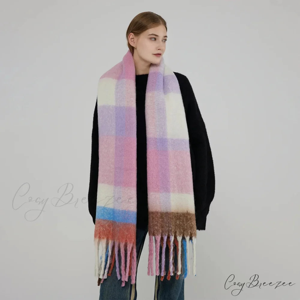 Elegant Minimalist Plaid Long Shawl Thickened Warm Scarf for Women Purple pink / L231cm W53cm
