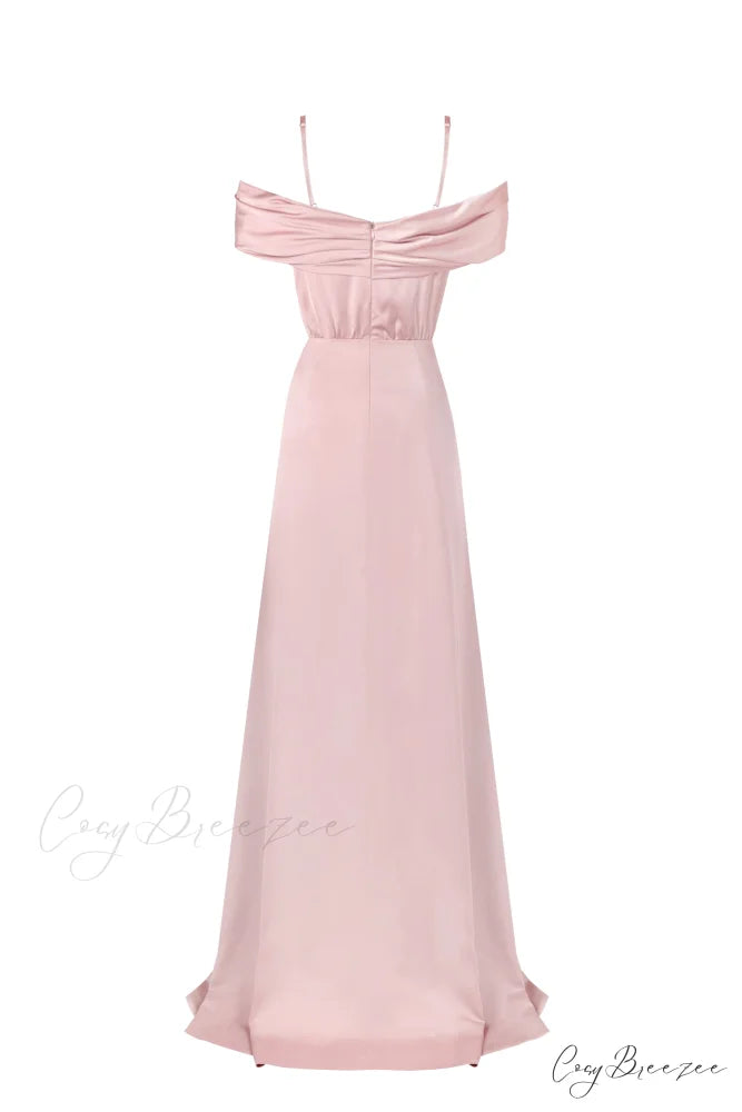 Elegant Misty Rose Charming Off-The-Shoulder Silk Maxi Dress