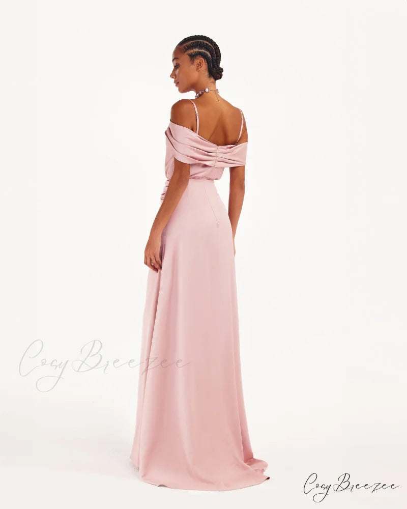 Elegant Misty Rose Charming Off-The-Shoulder Silk Maxi Dress