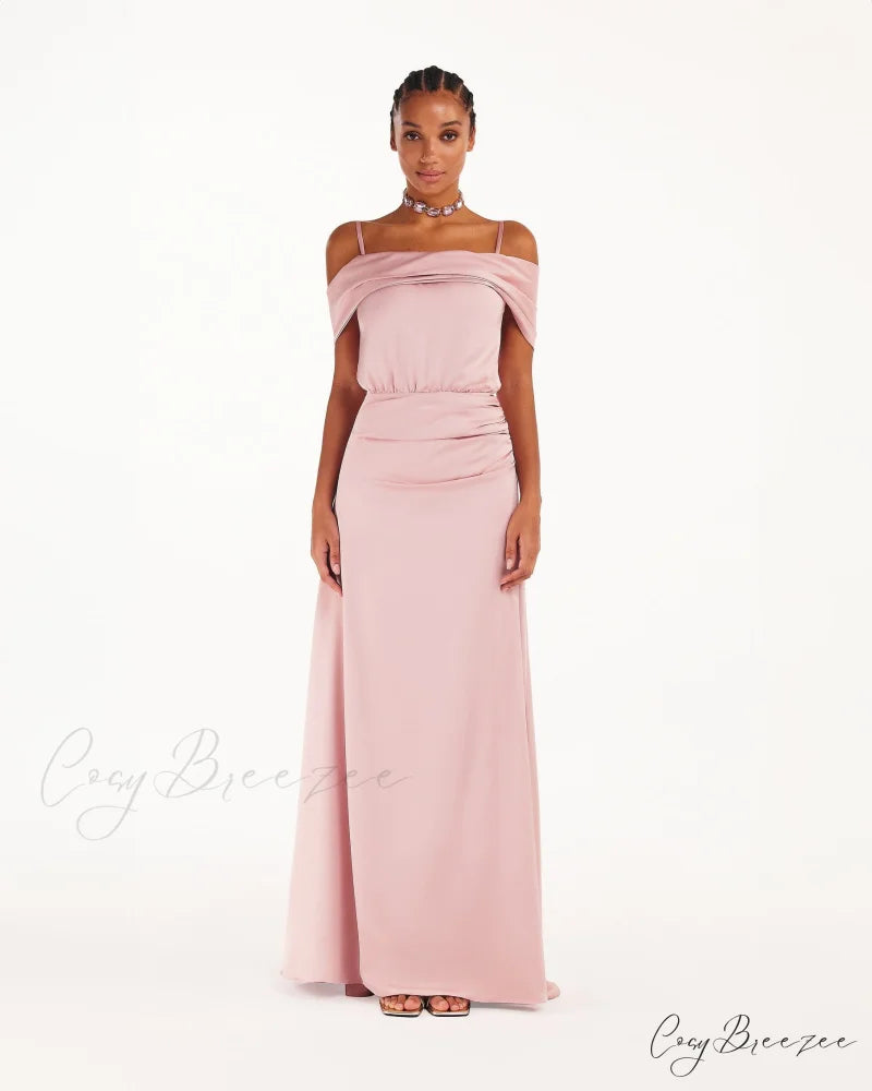 Elegant Misty Rose Charming Off-The-Shoulder Silk Maxi Dress