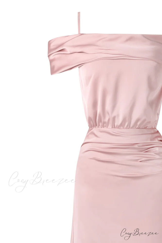 Elegant Misty Rose Charming Off-The-Shoulder Silk Maxi Dress