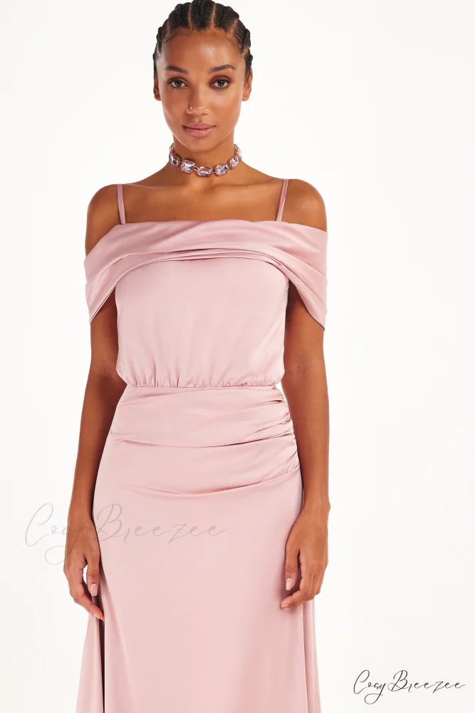Elegant Misty Rose Charming Off-The-Shoulder Silk Maxi Dress