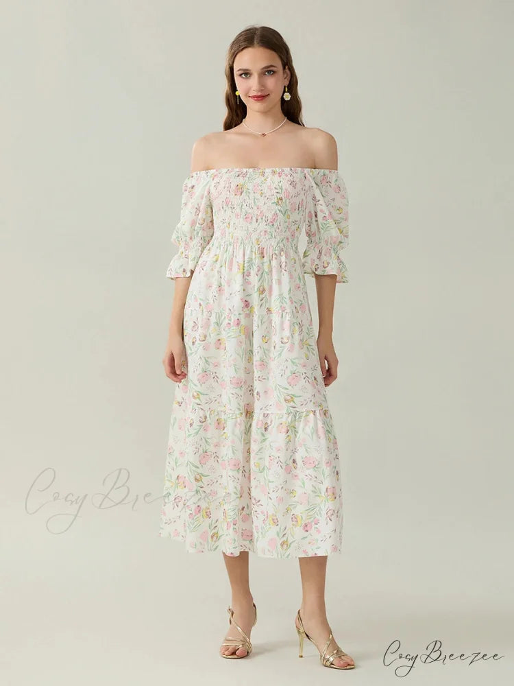 Elegant Off-Shoulder Party Half Sleeve Square Neck A-line Dress floraldress-250126