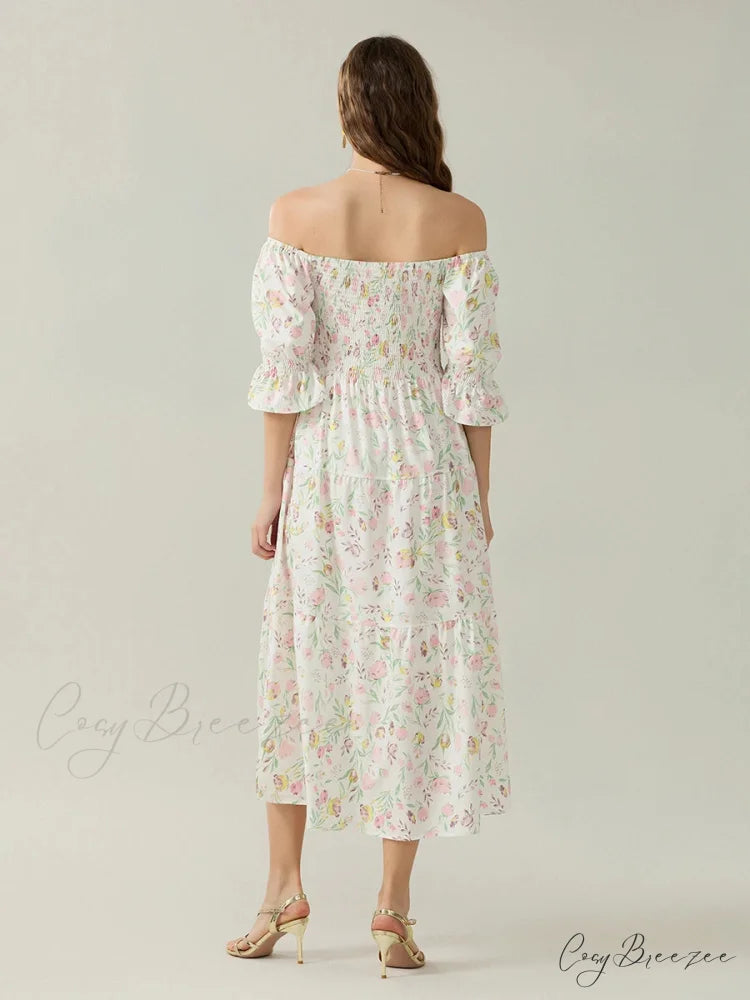 Elegant Off-Shoulder Party Half Sleeve Square Neck A-line Dress floraldress-250126