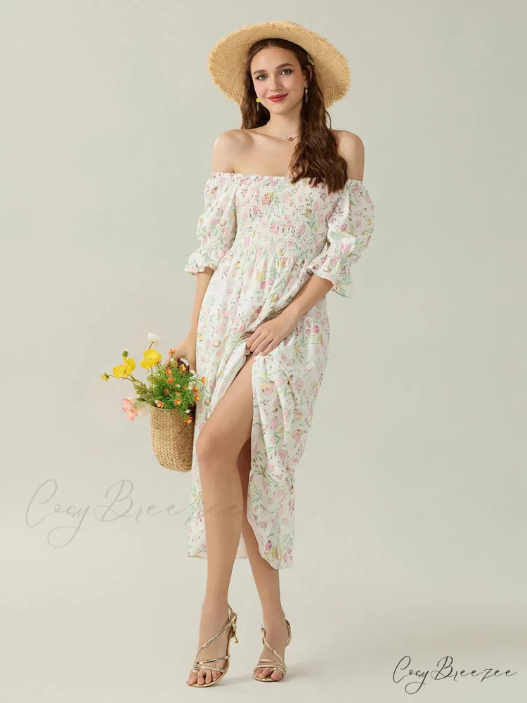 Elegant Off-Shoulder Party Half Sleeve Square Neck A-line Dress floraldress-250126