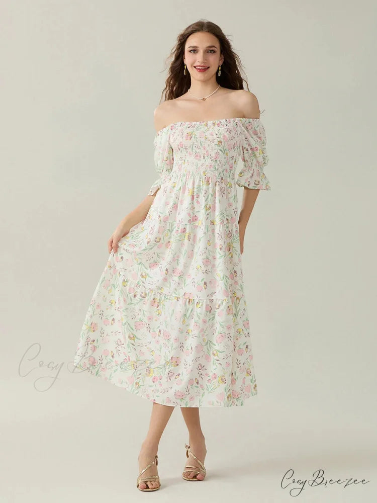 Elegant Off-Shoulder Party Half Sleeve Square Neck A-line Dress floraldress-250126