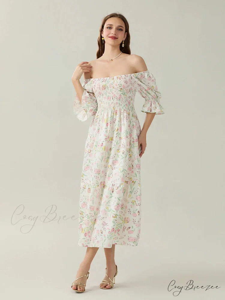 Elegant Off-Shoulder Party Half Sleeve Square Neck A-line Dress floraldress-250126