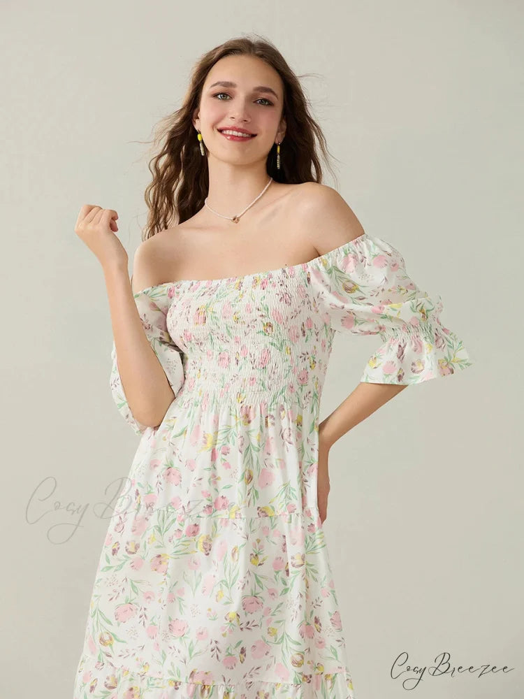 Elegant Off-Shoulder Party Half Sleeve Square Neck A-line Dress floraldress-250126