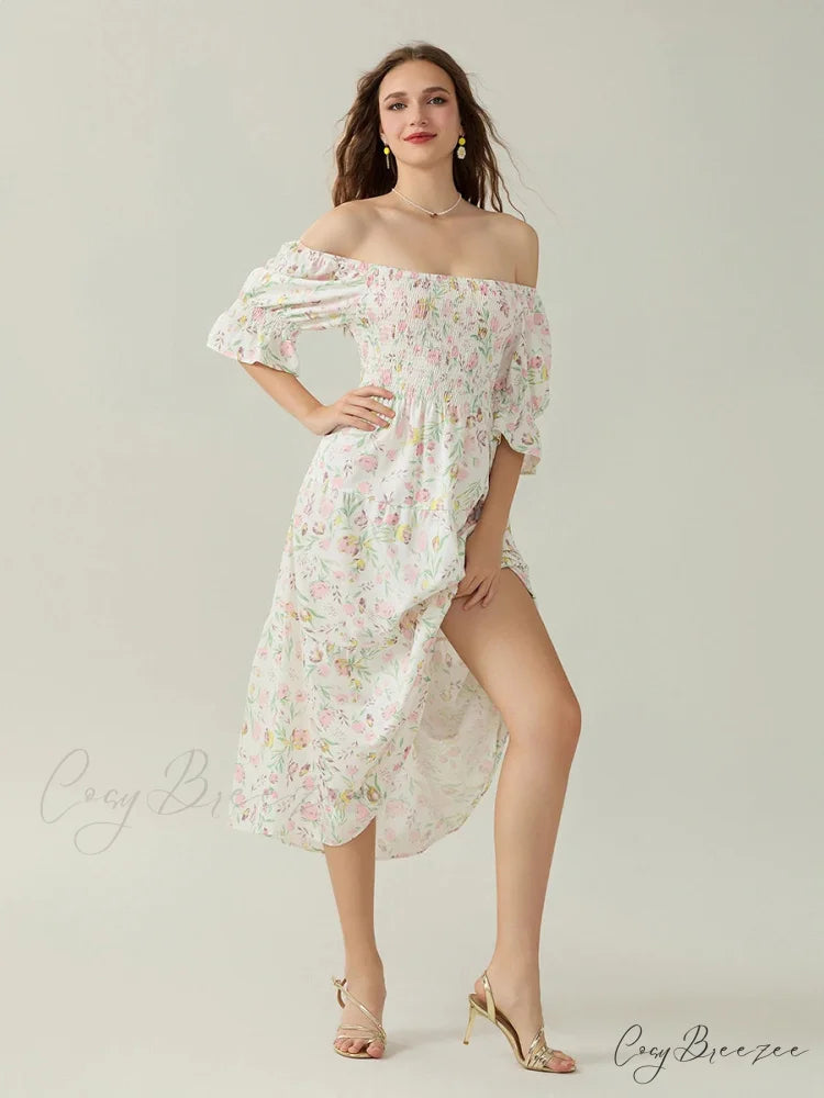 Elegant Off-Shoulder Party Half Sleeve Square Neck A-line Dress WHITE / S floraldress-250126