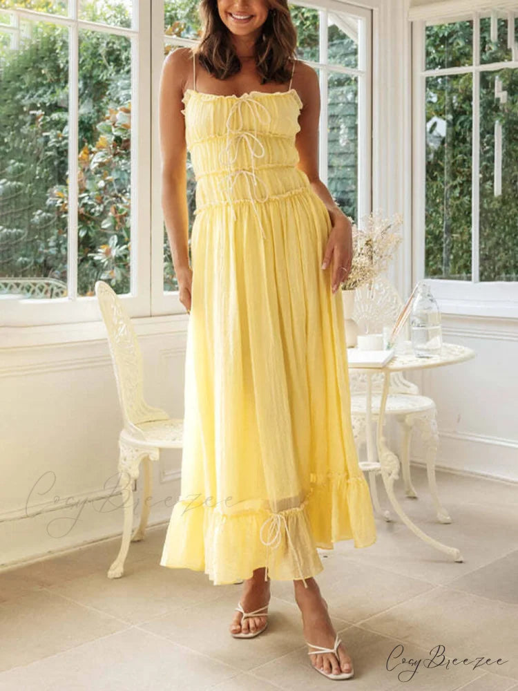 Elegant Off-Shoulder Stylish Strap Patchwork Dress Yellow / S