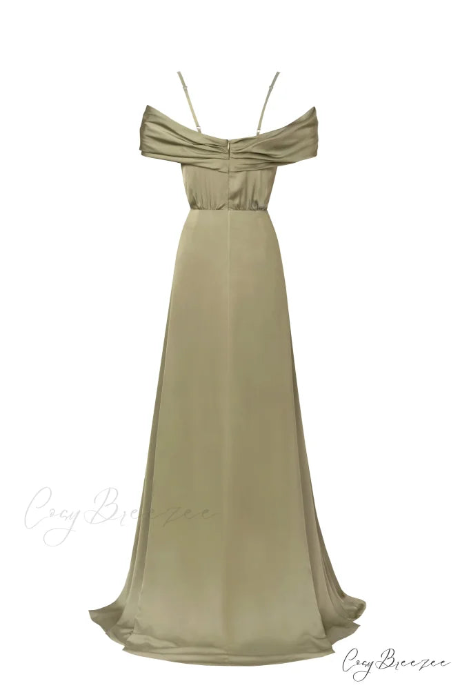 Elegant Olive Off-The-Shoulder Charming Silk Maxi Dress