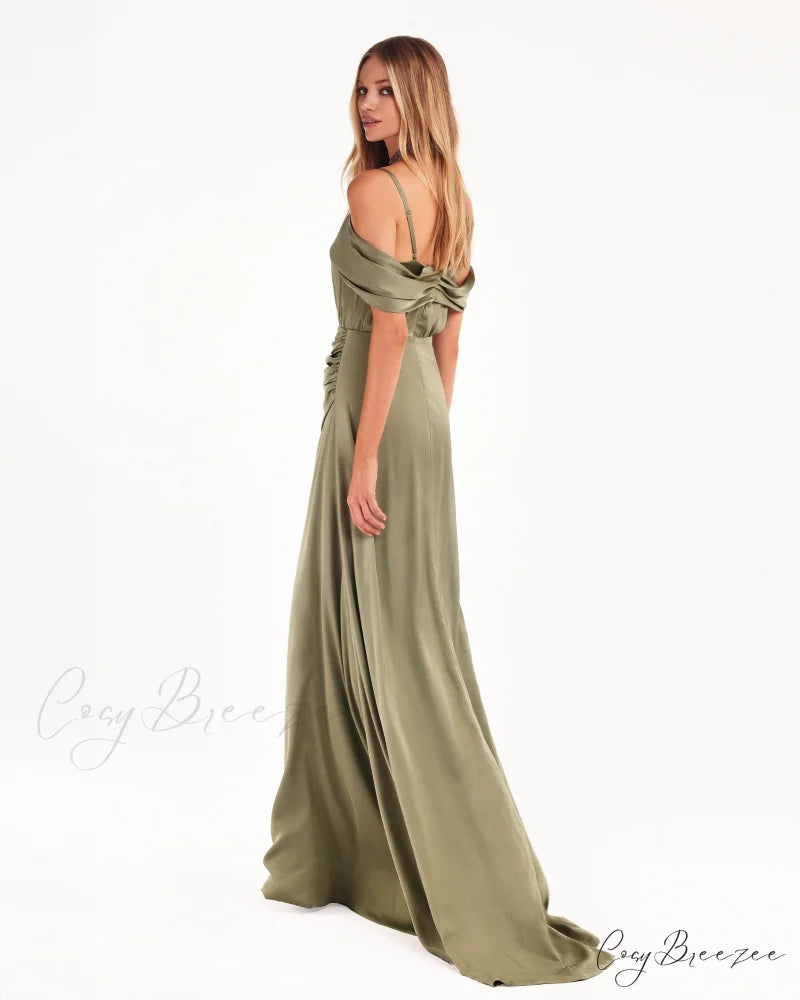 Elegant Olive Off-The-Shoulder Charming Silk Maxi Dress