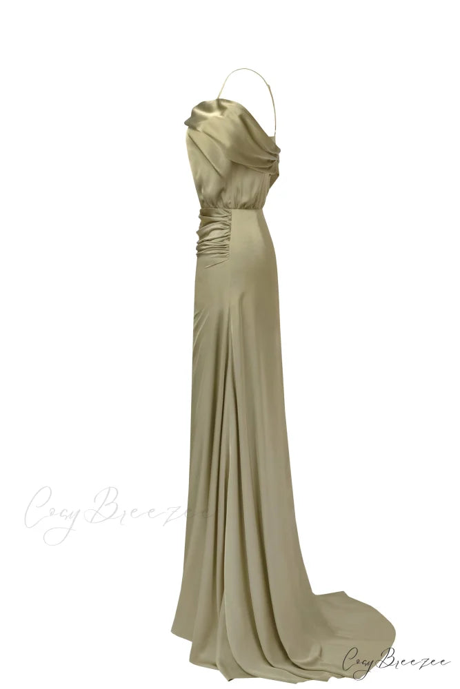 Elegant Olive Off-The-Shoulder Charming Silk Maxi Dress