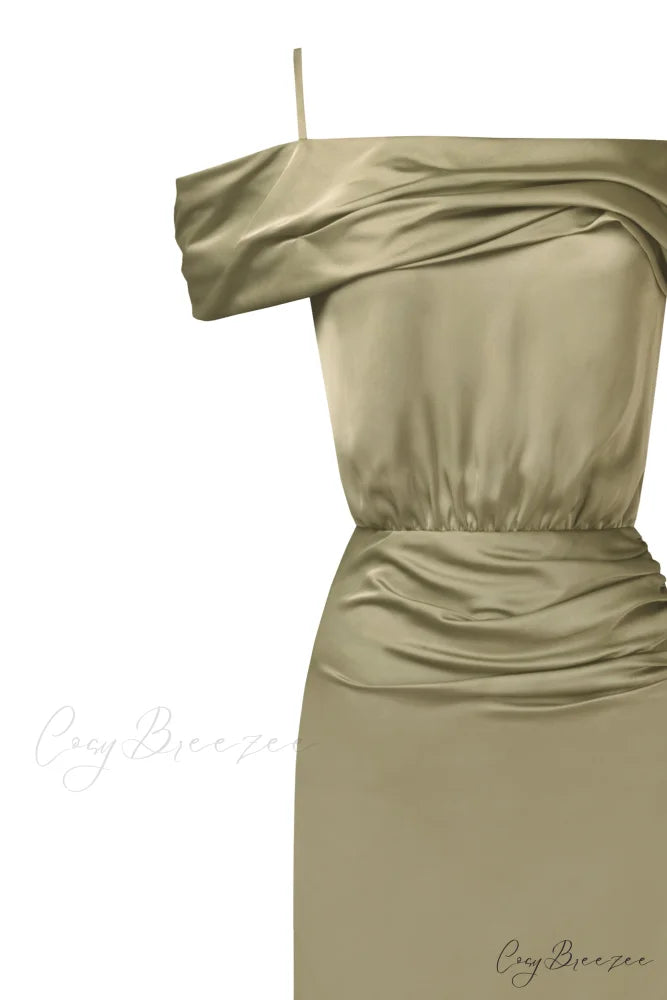 Elegant Olive Off-The-Shoulder Charming Silk Maxi Dress