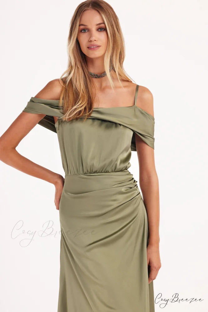 Elegant Olive Off-The-Shoulder Charming Silk Maxi Dress