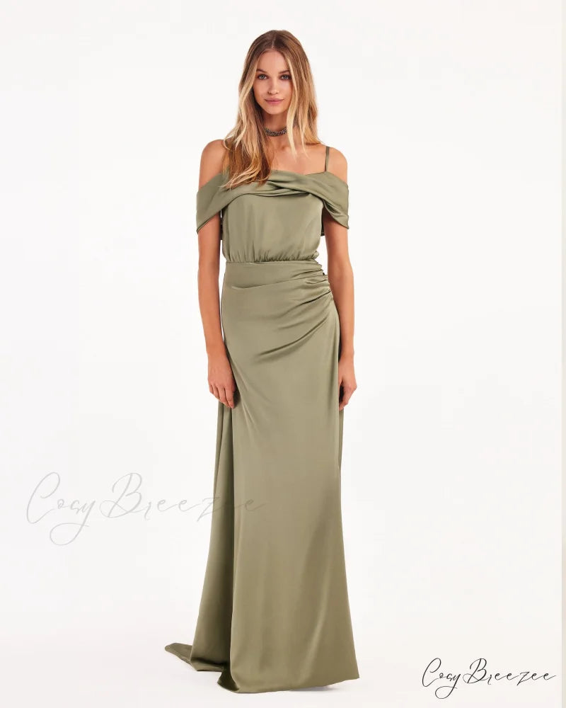 Elegant Olive Off-The-Shoulder Charming Silk Maxi Dress