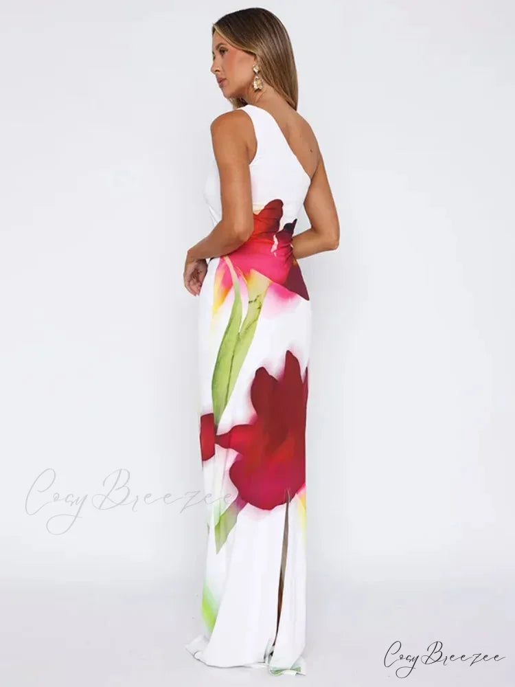 Elegant One Shoulder Backless Maxi Floral Dress floraldress-250126