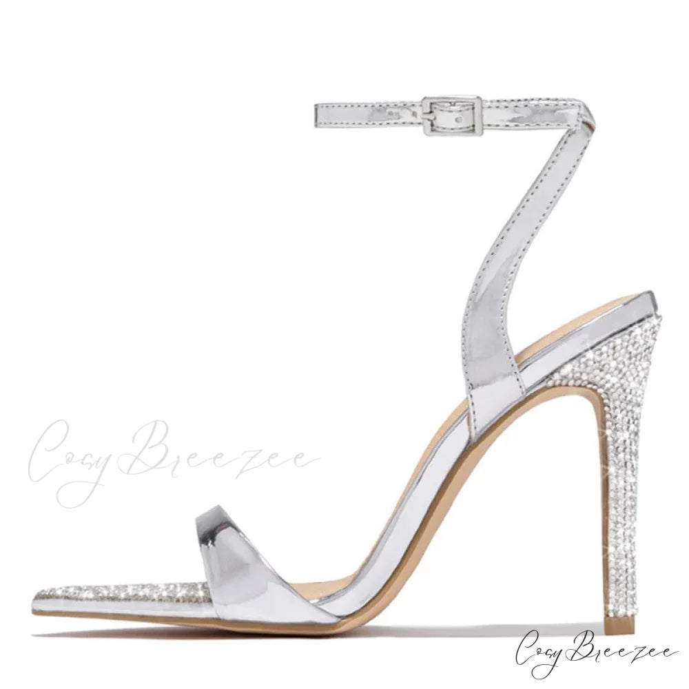 Elegant Party Sandals Wedding Banquet Shoes Crystal Rhinestones Pointed-Toe Stripper High-Heels Gold High Heel