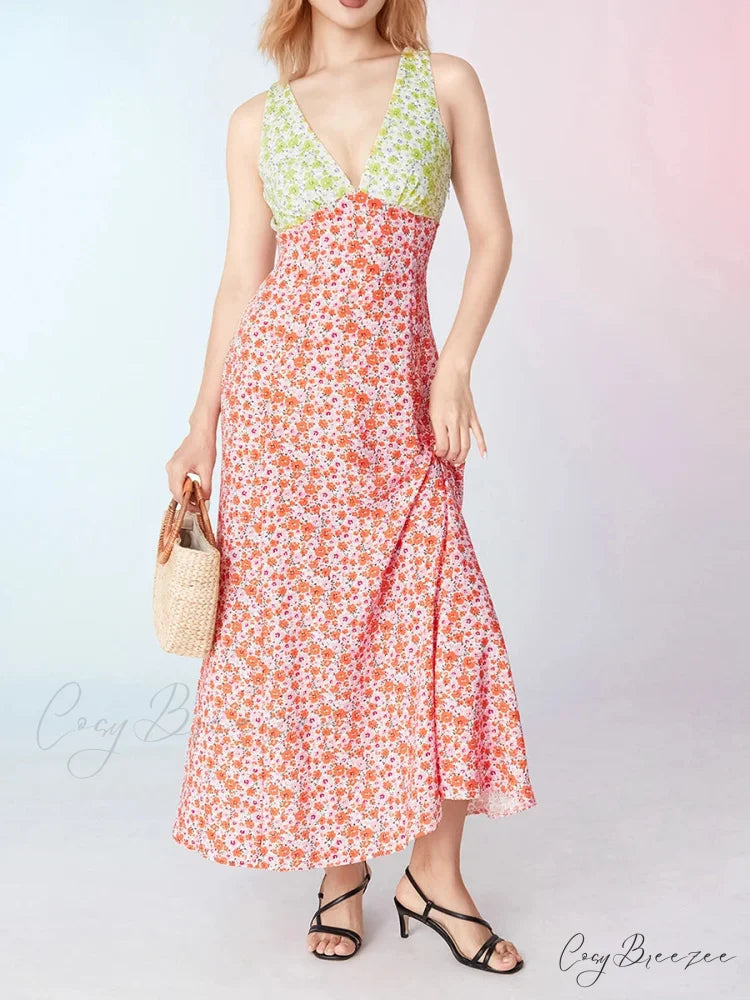 Elegant Patch Color Floral Flowy Backless V-neck Tank Beach Dress floraldress-250126