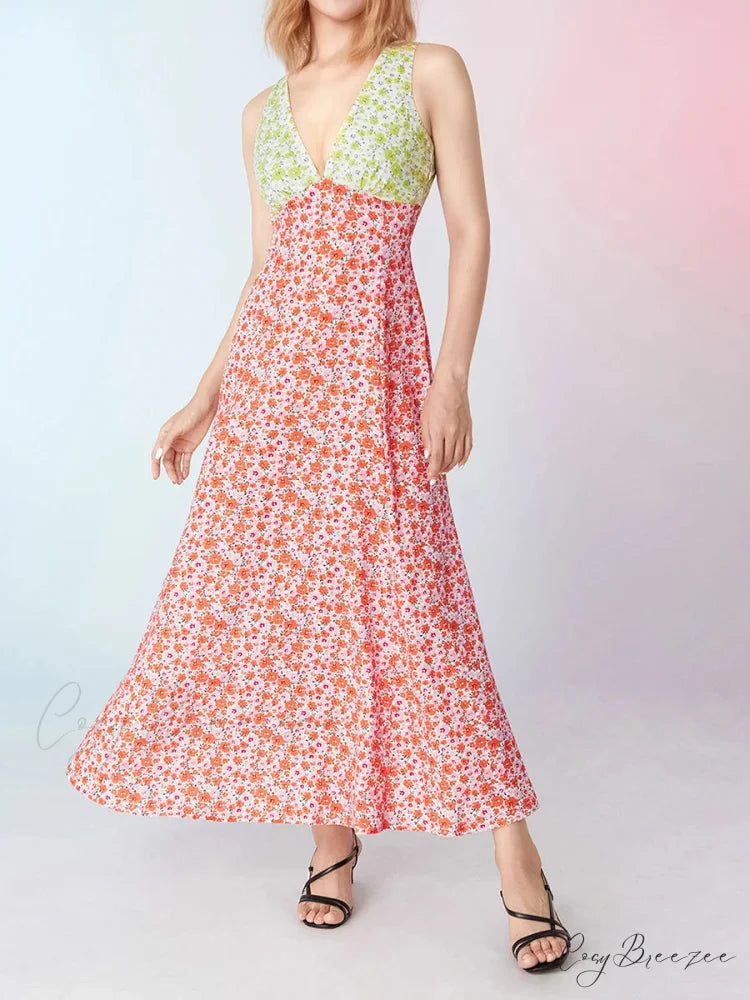 Elegant Patch Color Floral Flowy Backless V-neck Tank Beach Dress PINK / S floraldress-250126