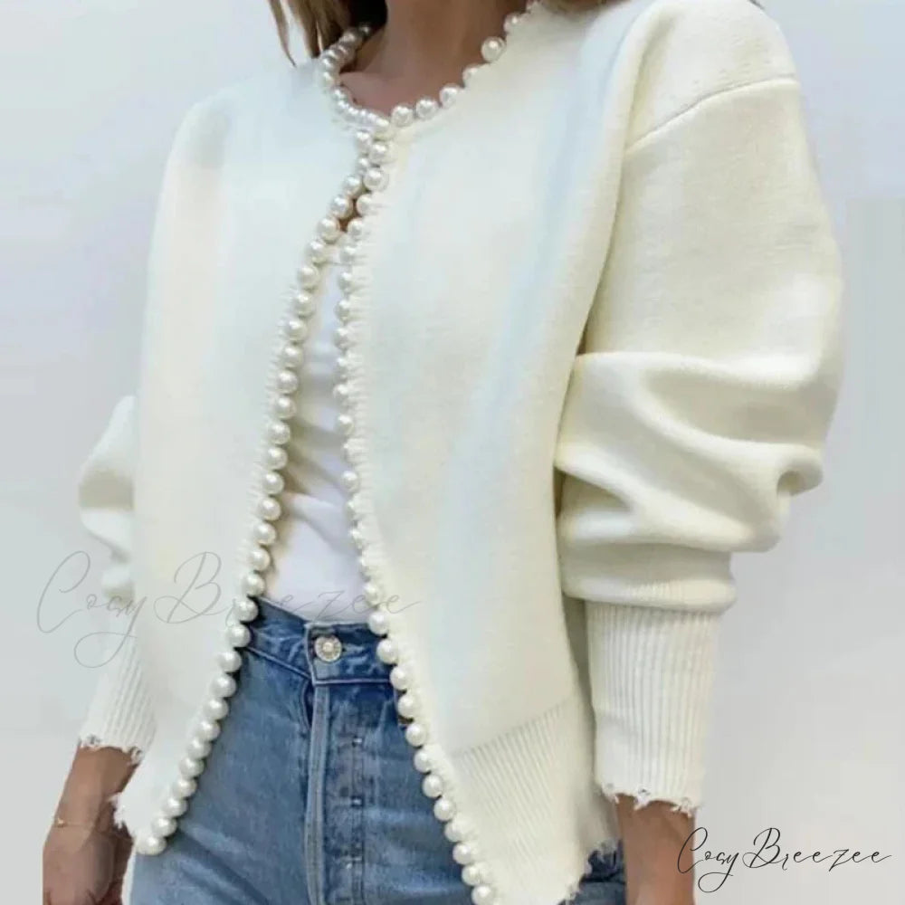 Elegant Pearls Long Sleeve Knit White Cardigan WHITE / S cardiagn-250126