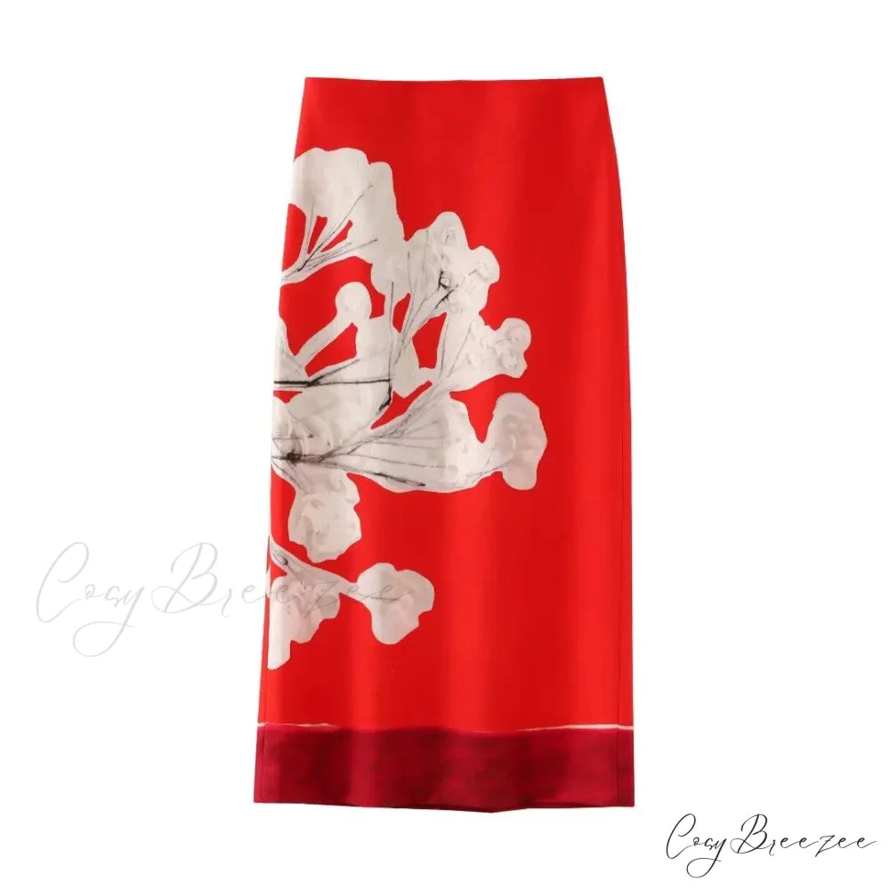 Elegant Pink Floral Printed Mid Waist Slit Midi Pencil Skirt Red / S skirt-250126