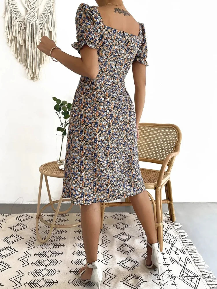 Elegant Pleated A-line Floral Print Casual Dress oldfloraldress-250126