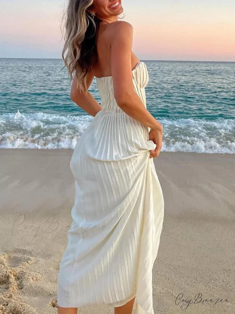 Elegant Pleated Stylish Strapless Maxi Dress
