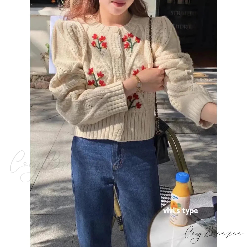 Elegant Print Single Breasted Knit Cardigan Apricot / S cardiagn-250126