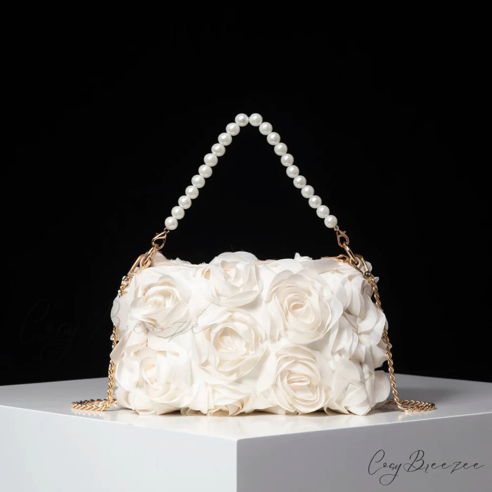 Elegant Rose Flower Faux Pearl Metal Chain Clutch Beige clutchbag-250126