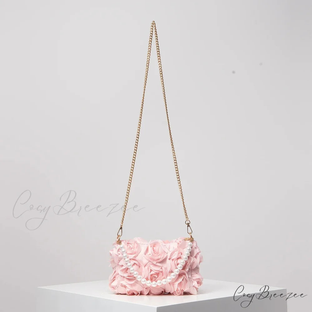 Elegant Rose Flower Faux Pearl Metal Chain Clutch clutchbag-250126