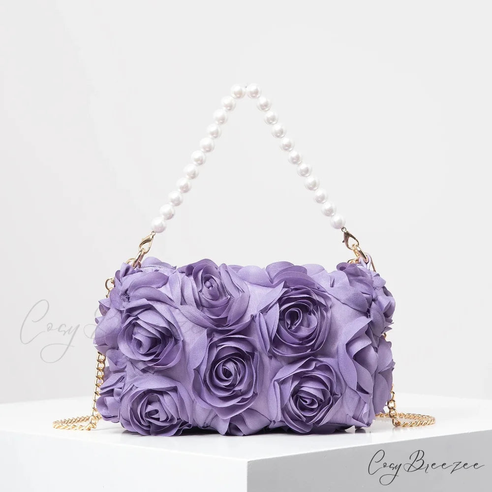 Elegant Rose Flower Faux Pearl Metal Chain Clutch Lavender clutchbag-250126