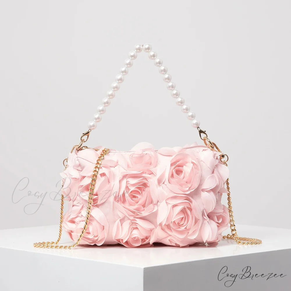 Elegant Rose Flower Faux Pearl Metal Chain Clutch Pink clutchbag-250126