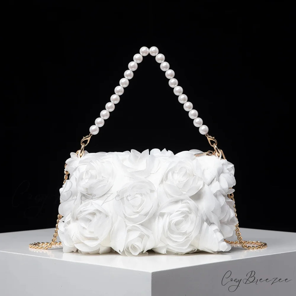 Elegant Rose Flower Faux Pearl Metal Chain Clutch WHITE clutchbag-250126