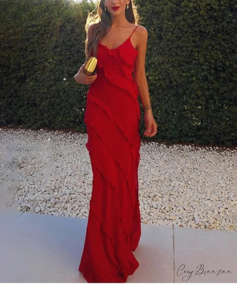 Elegant Ruffles Chiffon Backless Split Maxi Red Christmas Party Dress