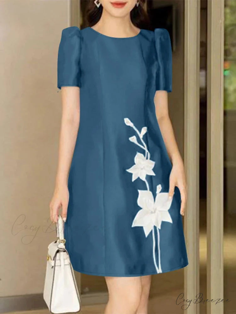 Elegant Satin A-line Floral Dress Blue / S oldfloraldress-250126