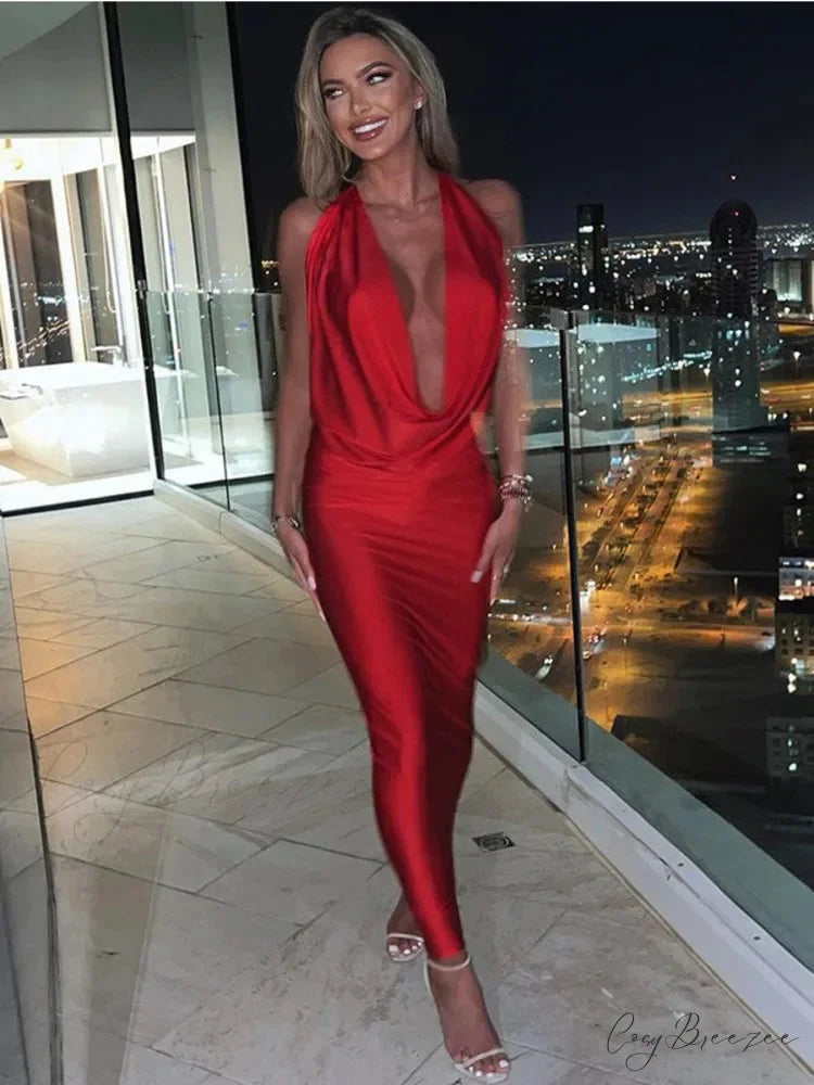 Elegant Satin Deep V Neck Sleeveless Maxi Christmas Party Dress