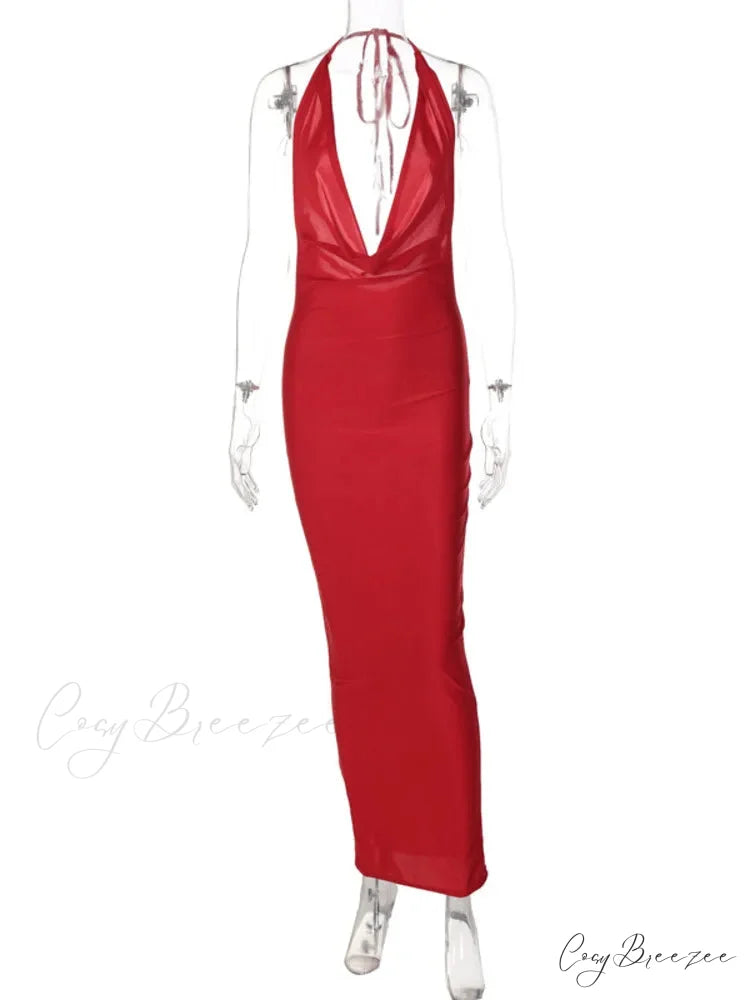Elegant Satin Deep V Neck Sleeveless Maxi Christmas Party Dress