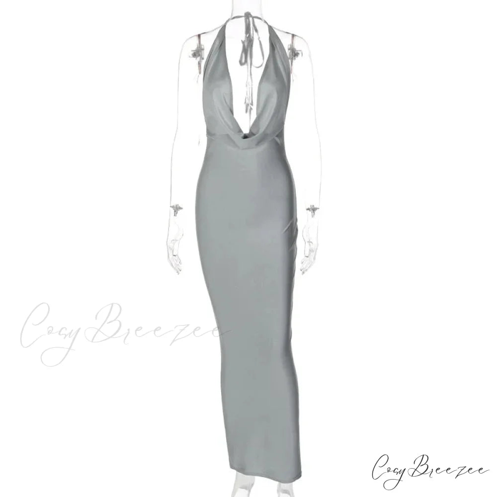 Elegant Satin Deep V Neck Sleeveless Maxi Christmas Party Dress Gray / S